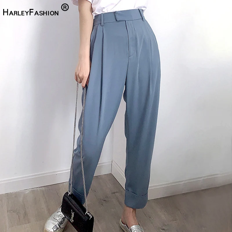 HarleyFashion летние женские классические дизайнерские повседневные синие брюки в