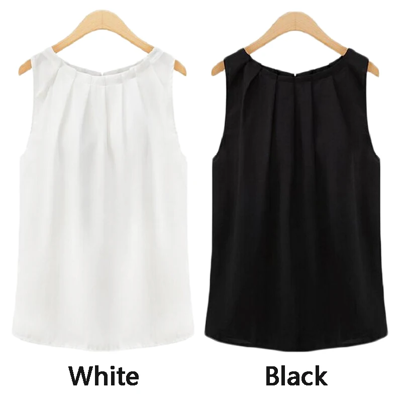 Новинка, модная шифоновая женская летняя блузка, черная, белая, без рукавов, с деревянными ушками, однотонная, повседневный стиль, круглый вырез, элегантная рубашка