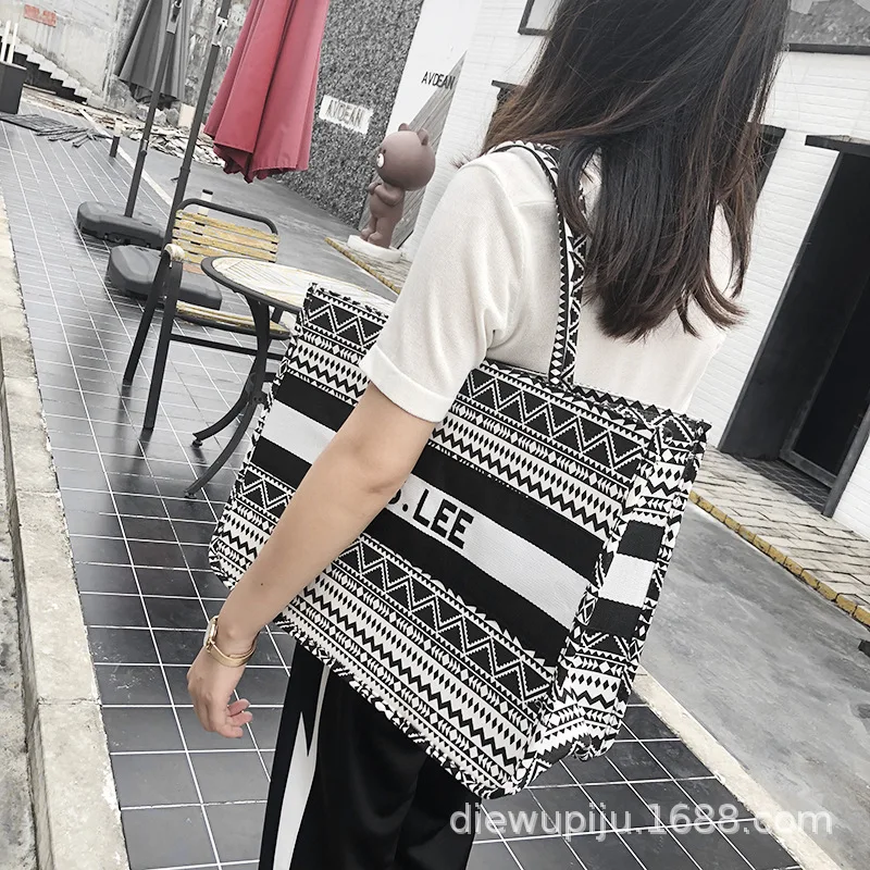 Большая Холщовая Сумка с полосатым принтом вместительная сумка на одно плечо