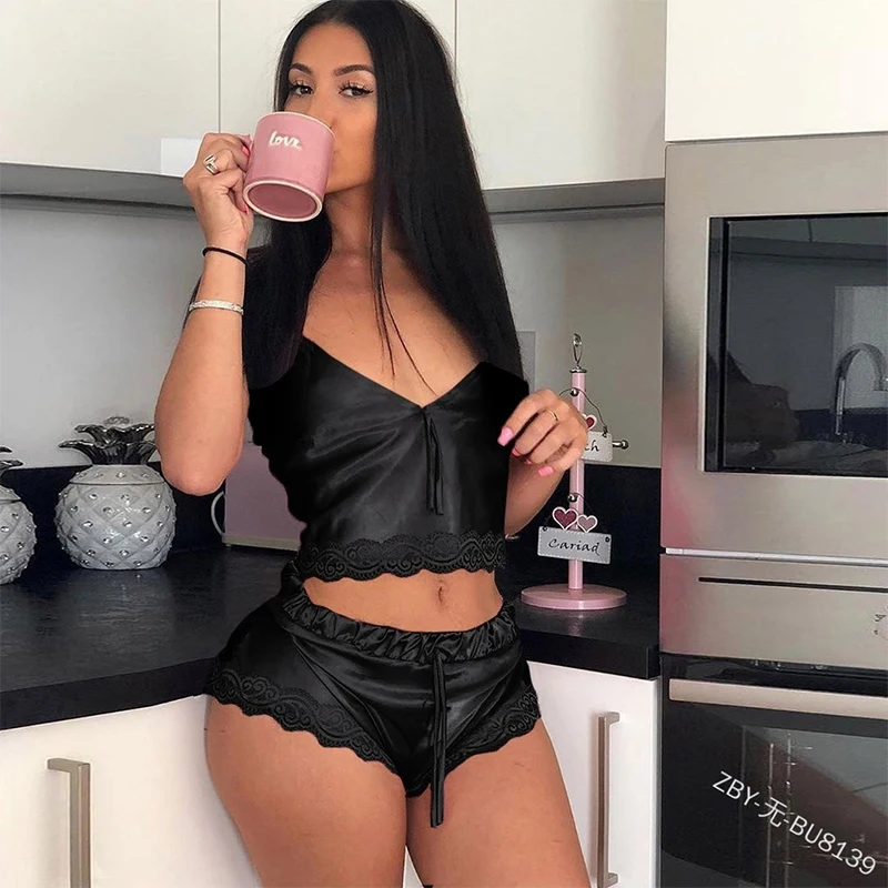 

New Lace Pijama Dot Print Women's Pajama Sets V-Neck Stretch Satin Sexy Lingerie Sleepwear Pajamas Home Wear Nightwear Clothing