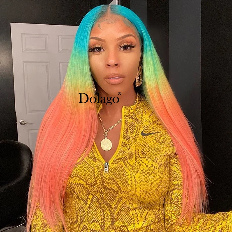 Парики из натуральных волос на сетке спереди радужной расцветки прямые парики