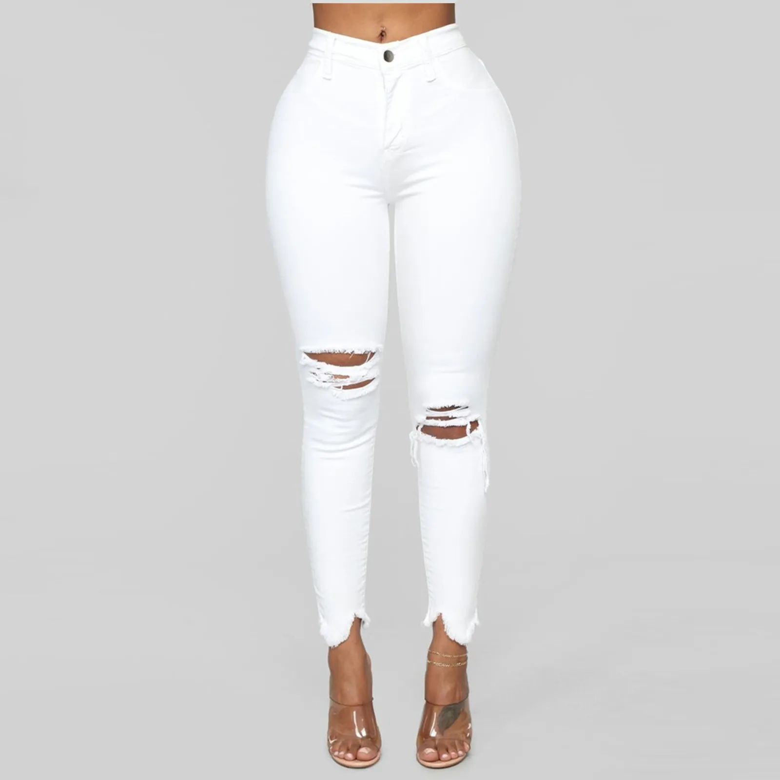 

2021 New Fashion Women Slim Jeans Plus Size Ripped Hole Solid Color Long Pencil Jeans Denim Regular Woman Pants