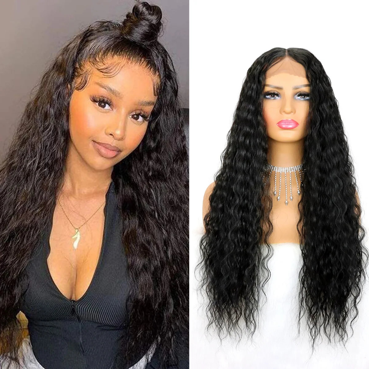 Curly Synthetic Wigs for Black Women  Lace  Long Loose Wave  Wig Heat Resistant Fiber Natural Looking Cosplay Party Daily Use