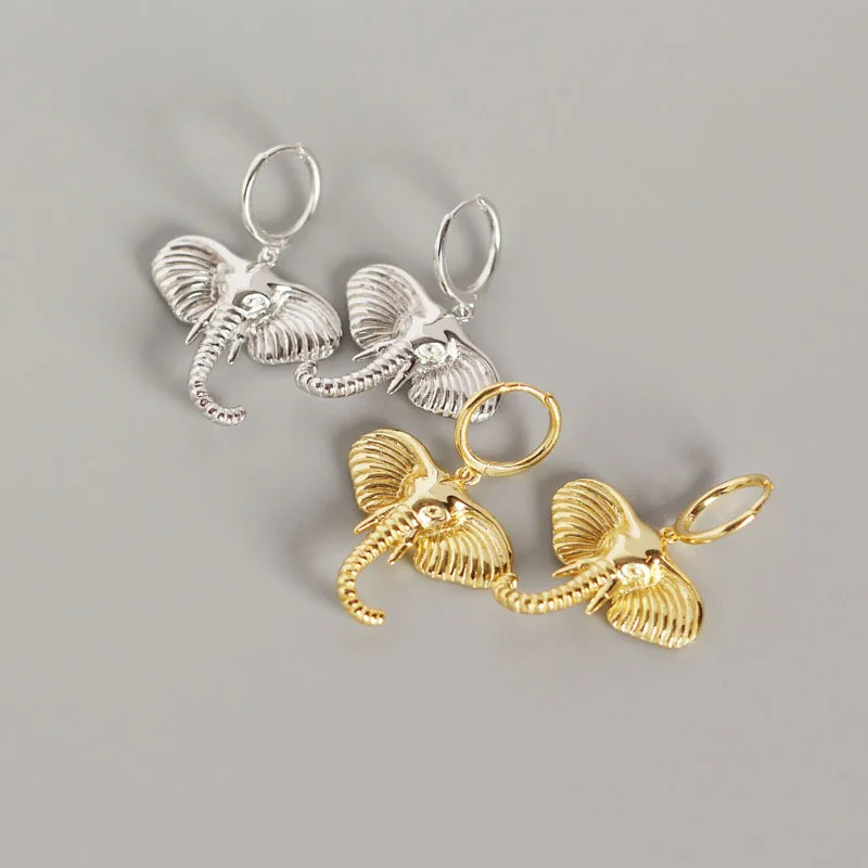 

DAIWUJAN Exaggerated Real 925 Sterling Silver Elephant Pendant Hoop Earrings for Women Gold Color Animal Fine Jewelry