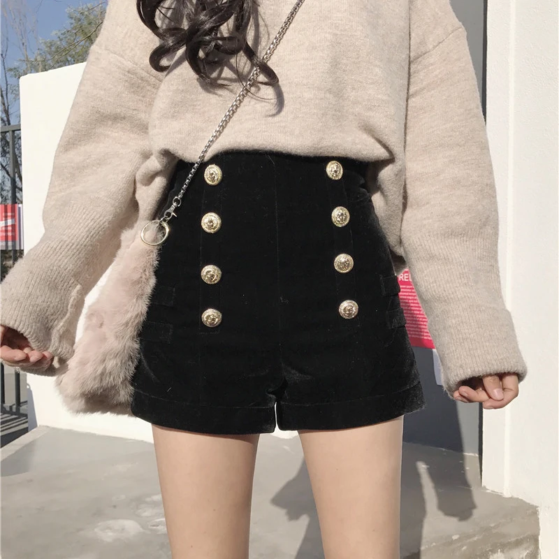 Женские модные шорты шикарные двубортные мягкие бархатные с высокой талией