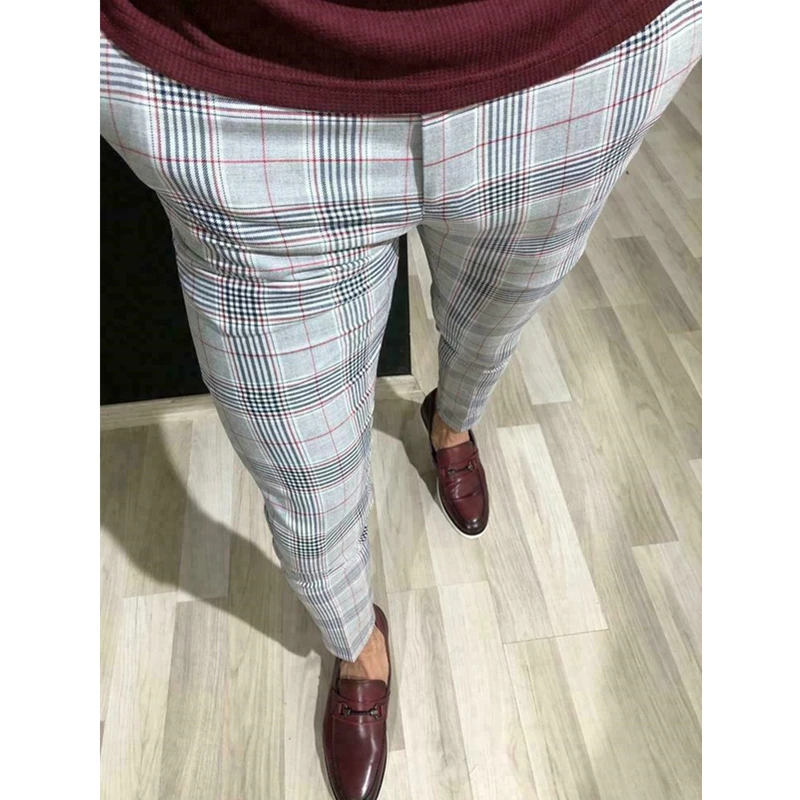 

Fashion Men Formal Plaid Pants England Style Gentlemen Slim Fit Casual Long Pants Male Business Office Trousers Plus Size M-3XL