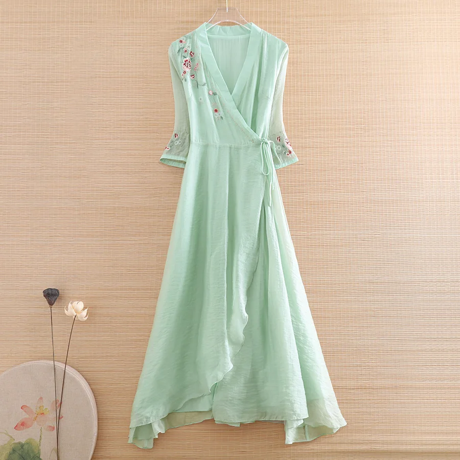 

High-end Summer Organza Women Tencel Belt Hanfu Dress Retro Elegant Embroidery A-line Lady Party Dress S-XXL