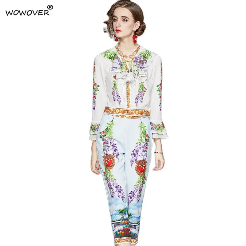 

Summer Women's Clothing 2021 New Runway Fashion Lady Outfit Flare Sleeve Ruffle Print Blouse and Pants 2 Piece Suits