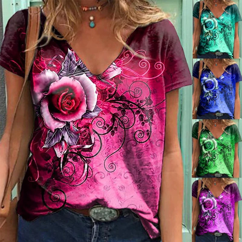 

V Neck Rose Print Short Sleeve Shirt Women Summer Sexy Casual Loose T Shirt Plus Size Fashion Elegant Pullover Y2K Clothes Tops