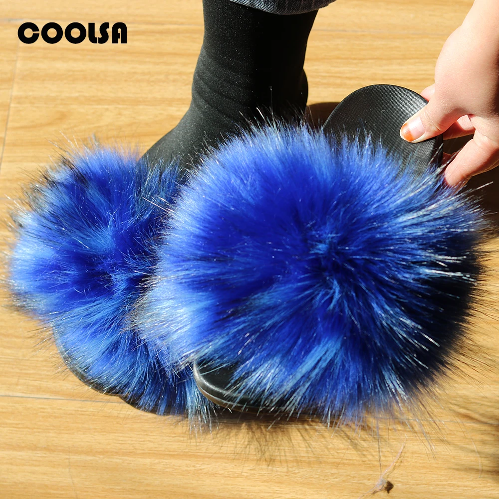 Шлепанцы женские с мехом енота искусственный мех сланцы плоская подошва