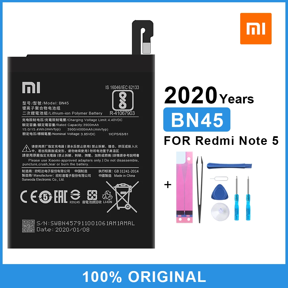 Оригинальный аккумулятор для телефона Xiaomi Redmi Note 5 BN45 сменный 4000 мАч с бесплатными