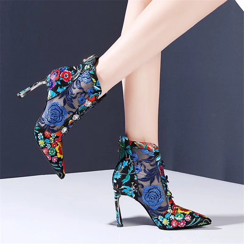 

High heels National style retro embroidered shoes pointed toe high-heeled mesh hollow boots summer breathable boots women