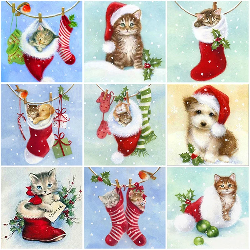 

DIY 5D Diamond Painting Christmas Cat Animal Cross Stitch Socks Diamond Embroidery Full Round Drill Christmas Gift Home Decor