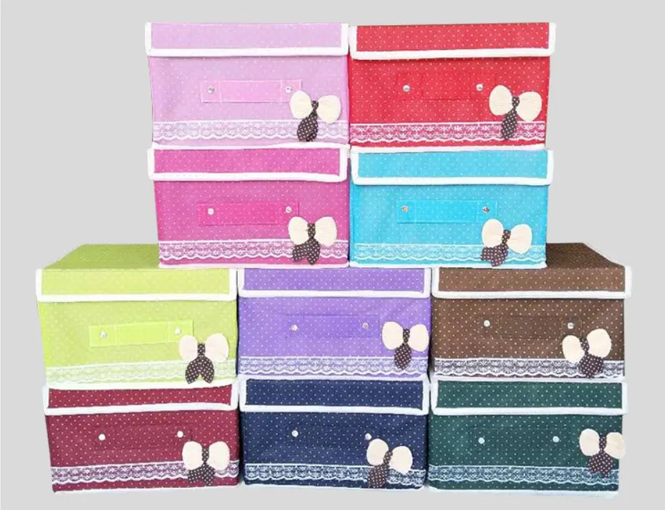 Нетканая складная картонная коробка для хранения зеленый цвет с лентой и ручкой