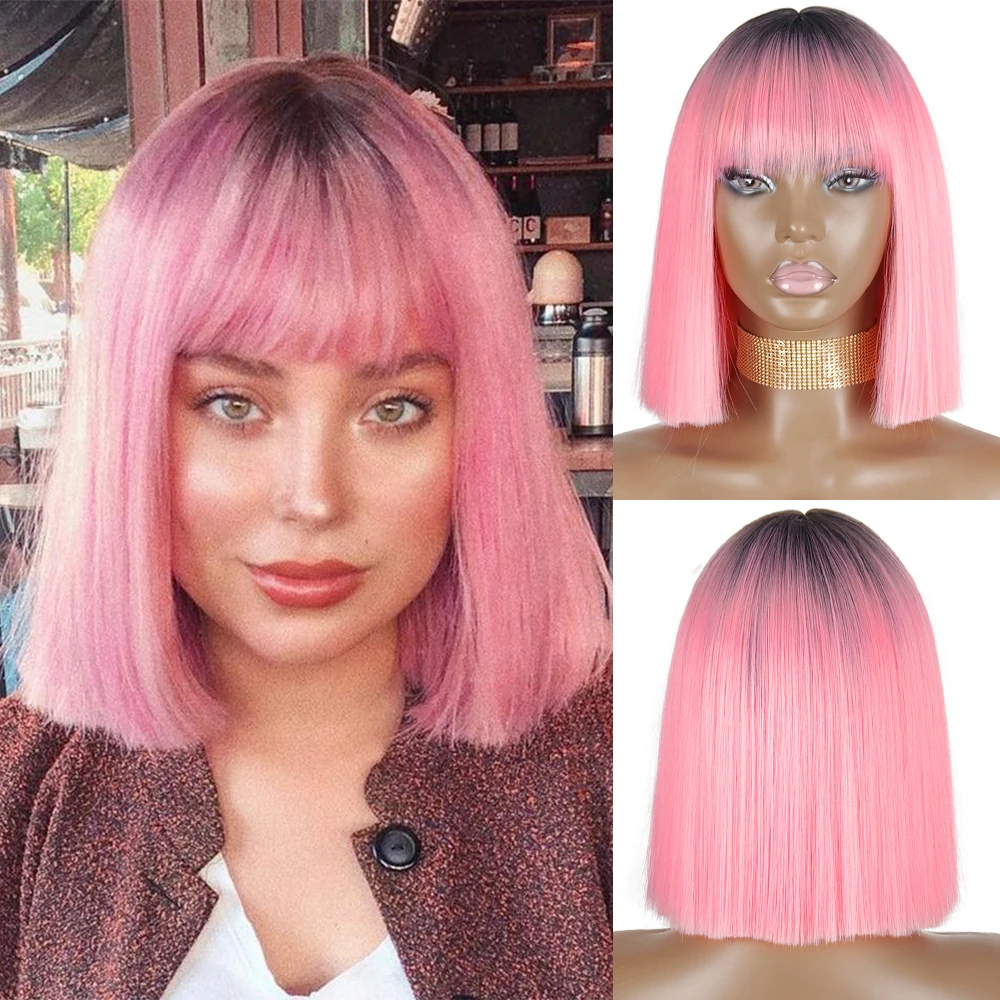 

Короткие прямые парики боб с челкой, синтетические черно-розовые парики для женщин, оранжевые, красные волосы, Высокопрочное волокно вечерн...