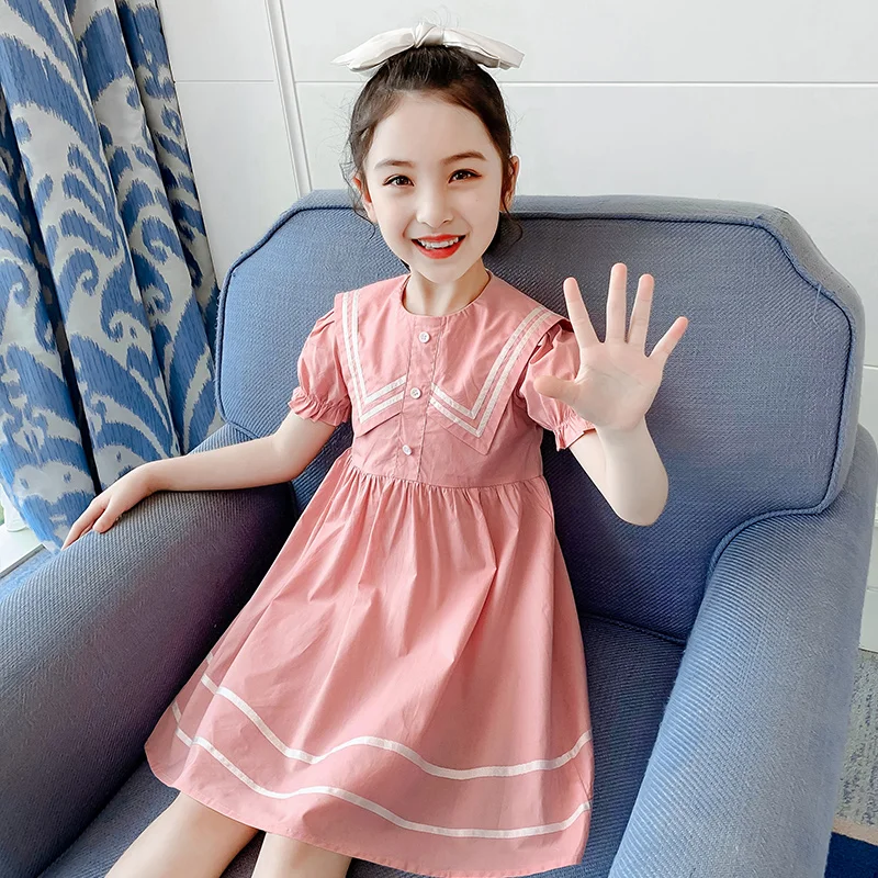 

Pure Color Striped Dress Girls Lantern Sleeve Kids Summer Lightweight Dress 2021 Teenager Children's Clothing 3-13 Years Old Set