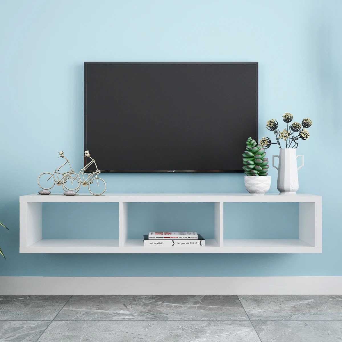 

Floating TV Console Table 152.5x30x25CM Entertainment TV Stand with 3 Media Storage Unit 5 Colors Easy Assembly[US-W]
