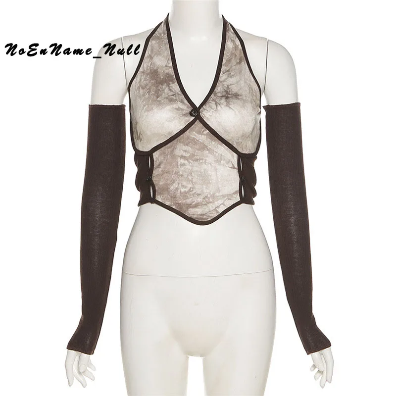 

2021 autumn Women slim fit exposed navel fashion tie dye contrast hange neck V-neck vest fashion National wind tie-dye T-shirt