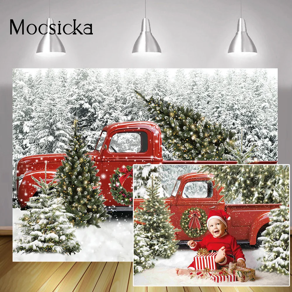 

Рождественский красный грузовик фон Зимняя Страна Чудес заснеженный лес дерево фотография новорожденные дети день рождения Портрет фон студия