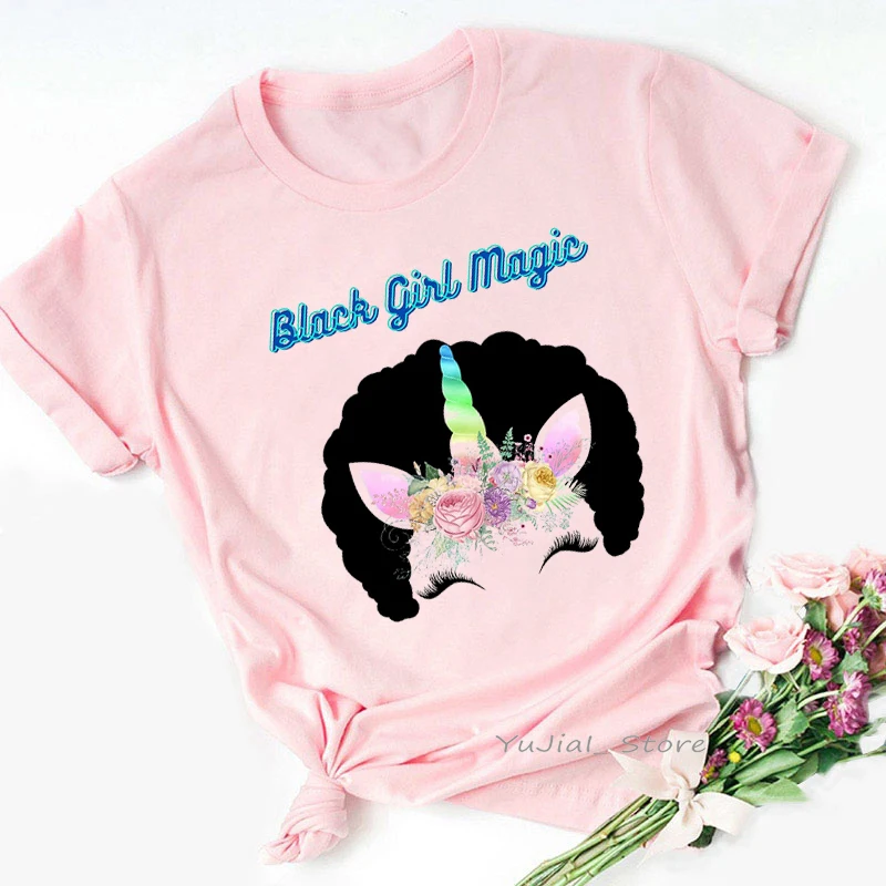 

Rainbow Unicorn Pink Rose Print T Shirt Women Clothes 2021 Black Girl Magic Tshirt Femme Melanin Poppin Female T-Shirt Wholesale