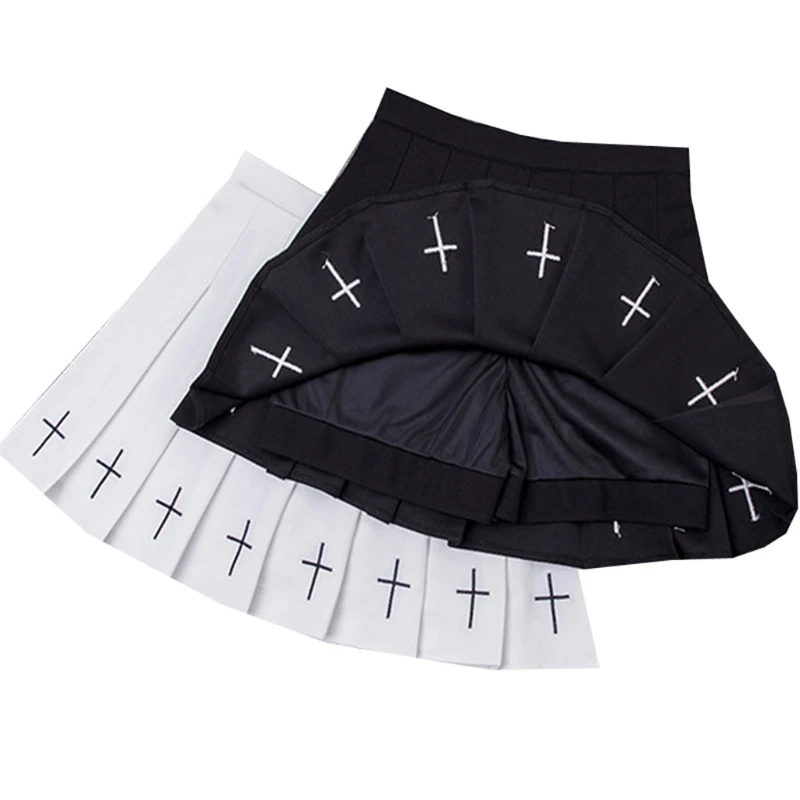 Женская плиссированная мини-юбка с высокой талией черная белая вышивкой крестом