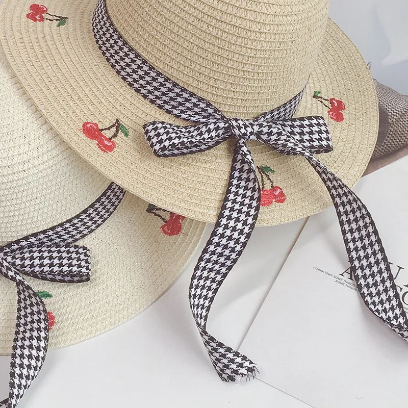 

Small Fresh Embroidered Cherry Baby Sunscreen Sun Hat Houndstooth Streamer Big-Straw Straw Hat Beach Travel Concave Shape 2021