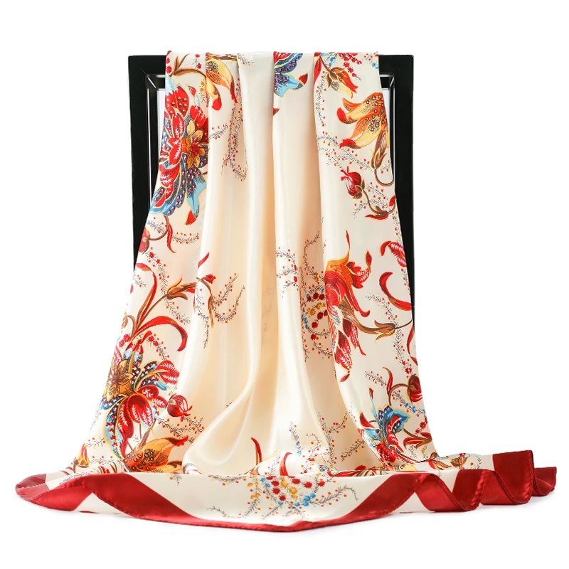 

2021 Luxury Brand Silk Scarf Fashion Foulard Satin Shawl Scarfs Big Size 90*90cm Square Silk Hair / Head Scarves Women Bandana
