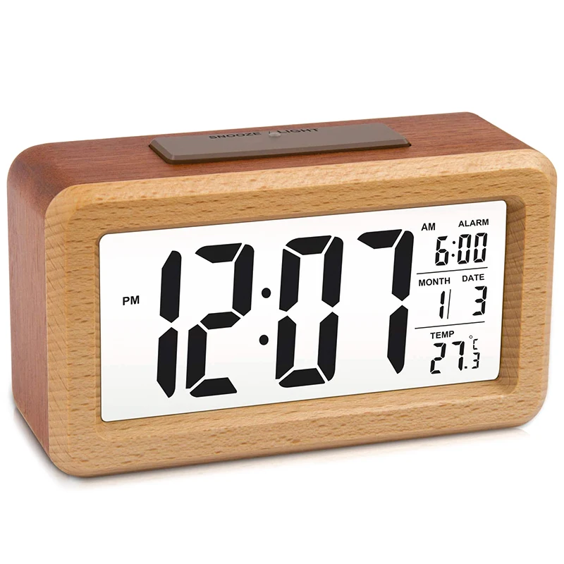

Wooden Large LED Digital Alarm Clock, Smart Sensor Night Light with Snooze, Date, Temperature, 12/24Hr Switchable