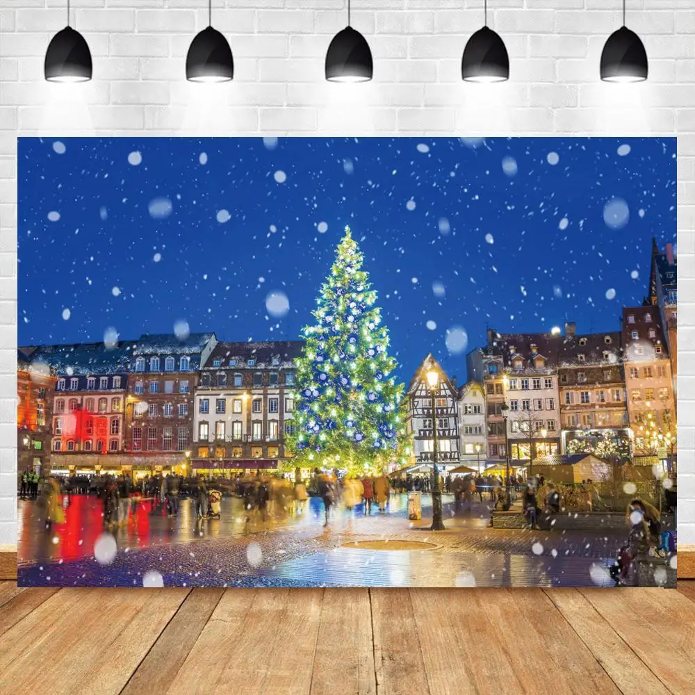

Outdoor Square Night Buildings Photography Background Christmas Tree New Year Scenic Photo Backdrop Studio Props