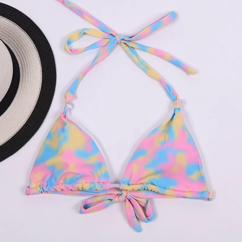 

Split Gradient Printed Halterneck Drawstring Bikini Triangle High Waist Swimsuit Bikini