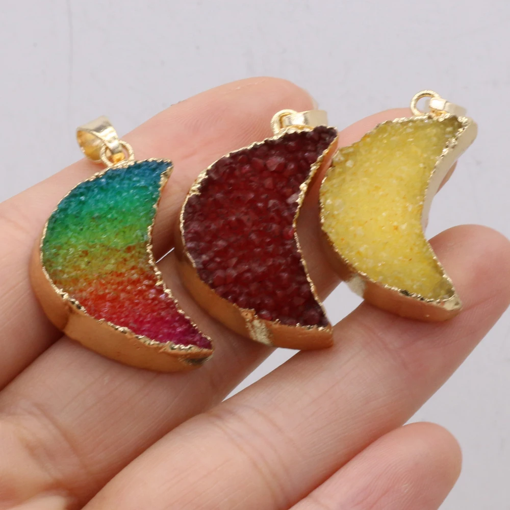 

yachu Natural Stone Druzy Pendants Moon Shape Reiki Heal Gold Plated Druzy For Jewelry Making Diy Women Necklace Earring Gifts