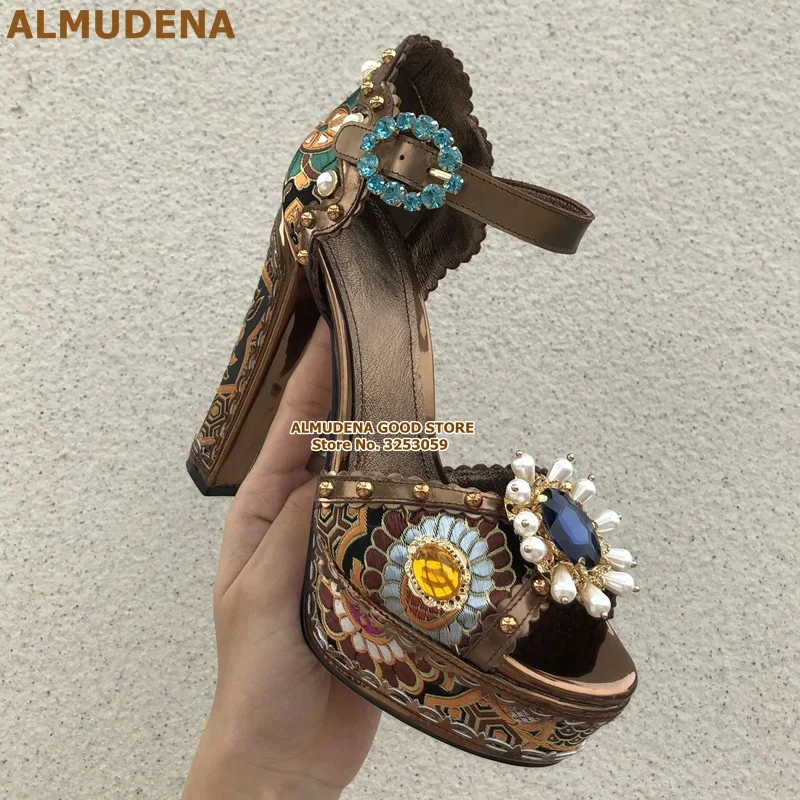 ALMUDENA/Босоножки на платформе, Украшенные бусинами, на массивном каблуке, украшенные стразами; свадебные туфли-лодочки в стиле ретро, синего, золотого цвета, украшенные стразами
