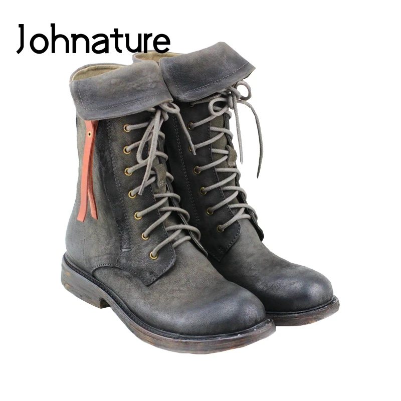 

Johnature Genuine Leather Retro 2021 New Autumn Winter Ankle Boots Women Shoes Round Toe Zip Turned-over Edge Cross-tied Boots