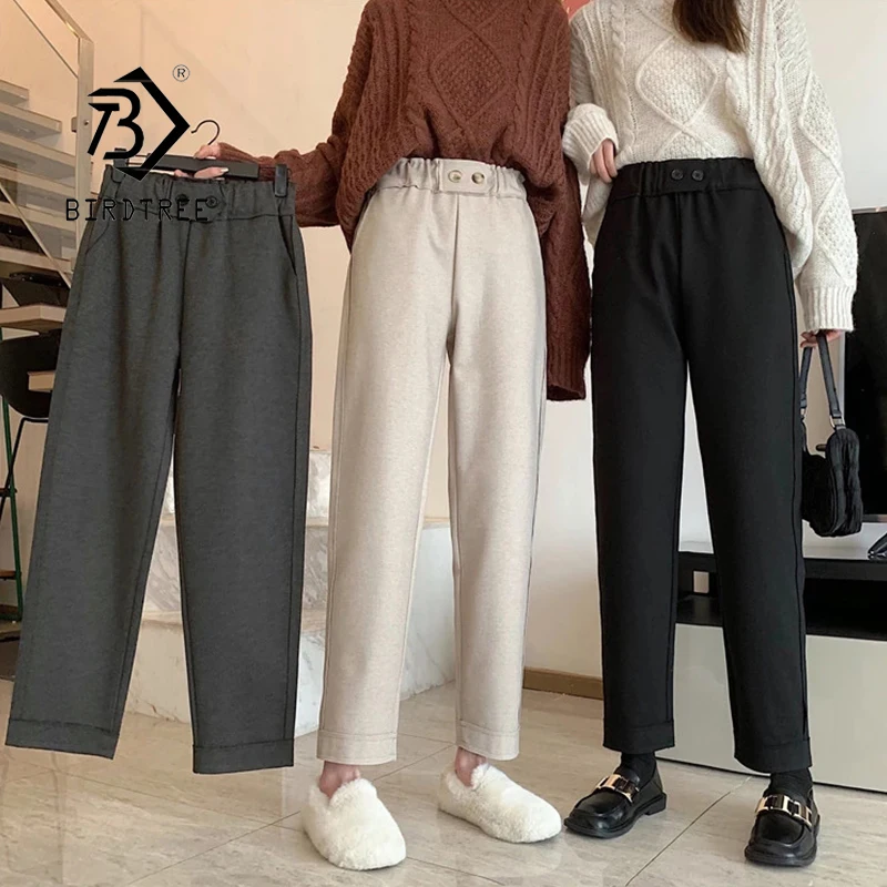 

Women Thick Harem Pants 2021 Autumn Elastic Waist Pockets Button Fly Fashion Trousers Long Woolen Pants Casual Bottoms B18533X