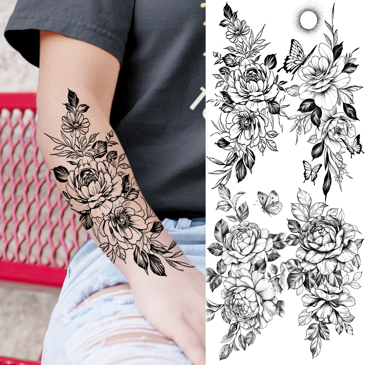 

Татуировки черные пионы на предплечье для женщин, временные татуировки для взрослых, роза, цветок, бабочка, искусственная татуировка, водонепроницаемые боди-арт, картина, тату-наклейка