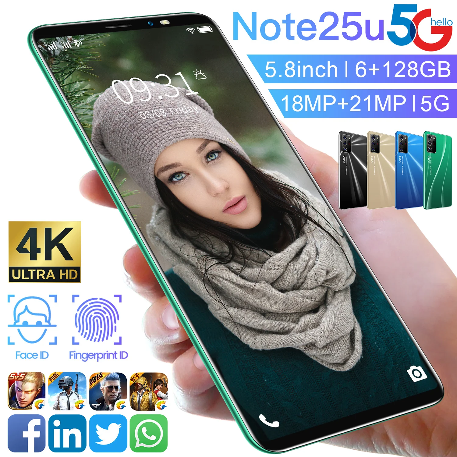 

21 New Global Version Note25U 5.8 Inch 6 128GB 16+21MP Double SIM Card 8 Core Andriod 10 SmartPhone MTK6895 Fingerprint Face ID