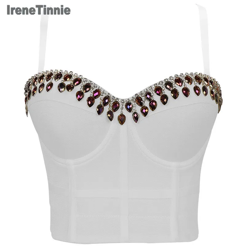 

Fashion Tops Sexy Beading Rhinestone Bra Mesh Push Up Bralet Women's Corset Bustier Bra Night Club Party Cropped Top Vest