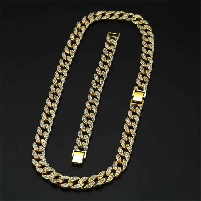 GoldNecklaceBracelet 15 мм тяжелое ожерелье с кристаллами в стиле «Майями», «кубинское звено», украшенное стразами, в стиле хип-хоп, Золотое серебро, мужской браслет-цепочка - Окраска металла: GoldNecklaceBracelet