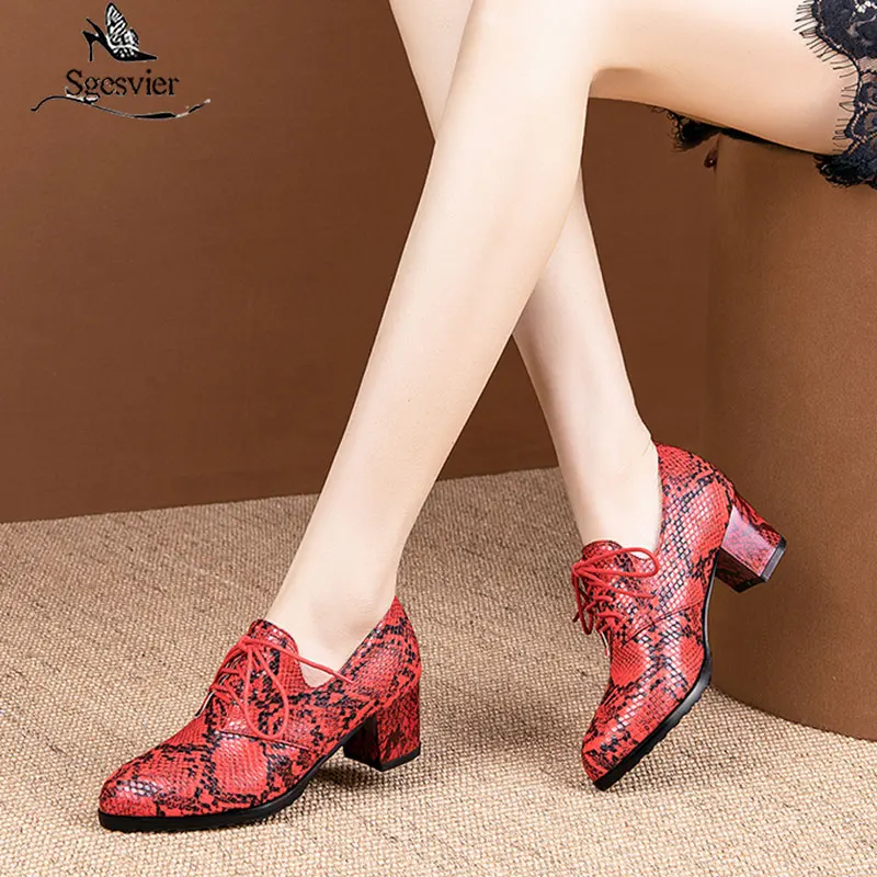 

SGESVIER 2020 new arrival women pumps spring summer round toe single shoes lace up snake fashion dress shoes ladies office shoes