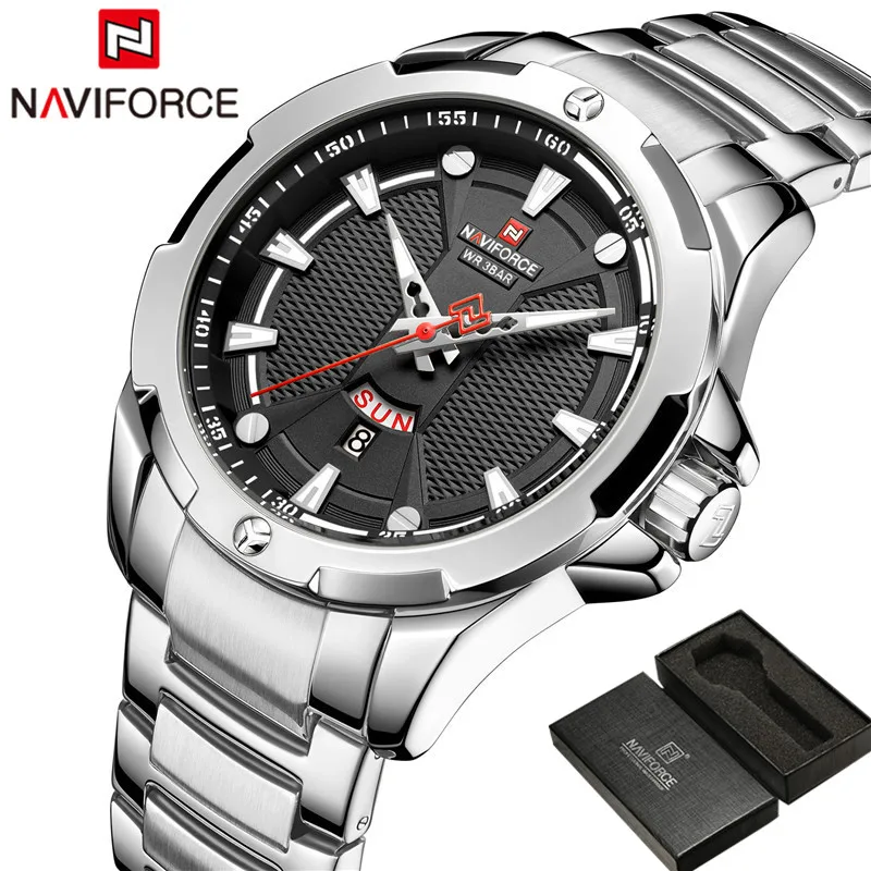 NAVIFORCE мужские наручные часы водонепроницаемые деловые мужские часы серебряные из нержавеющей стали спортивные военные Дата Неделя кварцевые мужские часы 9161