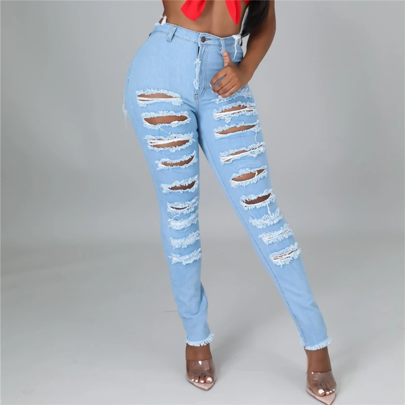 

High Waist Push Up Denim Jeans Women Big Hole Beggar Jeans Ladies Sexy Ripped Stretch Skinny Jeans Vintage Blue Boyfriend Jeans