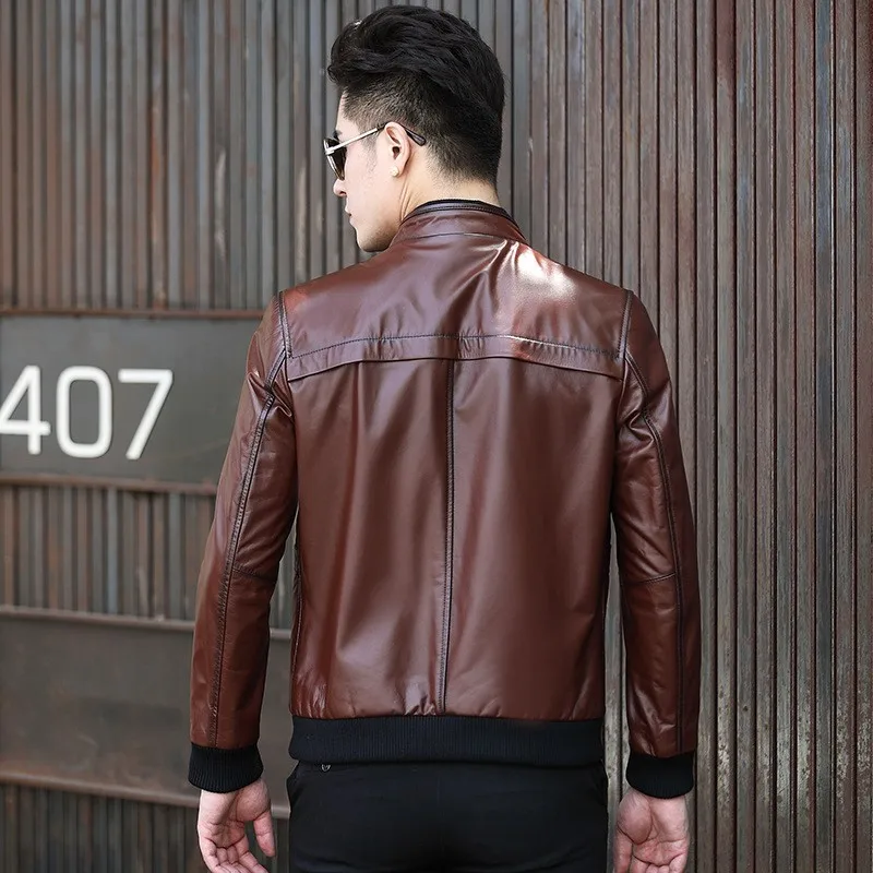 

High Top Brand Quality Mens Genuine Leather Cowhide Jackets Fashion Korean Casual Stand Collar Zipper Pockets Coats Plus Size