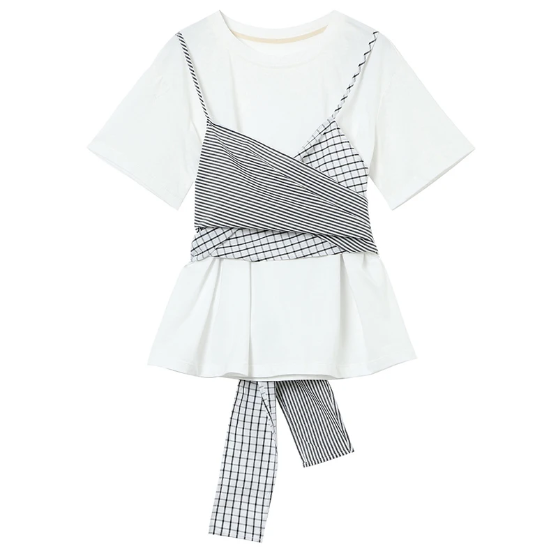 

[EAM] Women White Casual Bandage Bow Plaid Striped T-shirt New Round Neck Short Sleeve Fashion Tide Spring Summer 2021 1DD7922