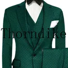 На заказ темно-зеленые костюмы в горошек для мужчин 3 предмета (пиджак + брюки + жилет) повседневный свадебный блейзер жениха смокинг на заказ для мужчин для свадьбы