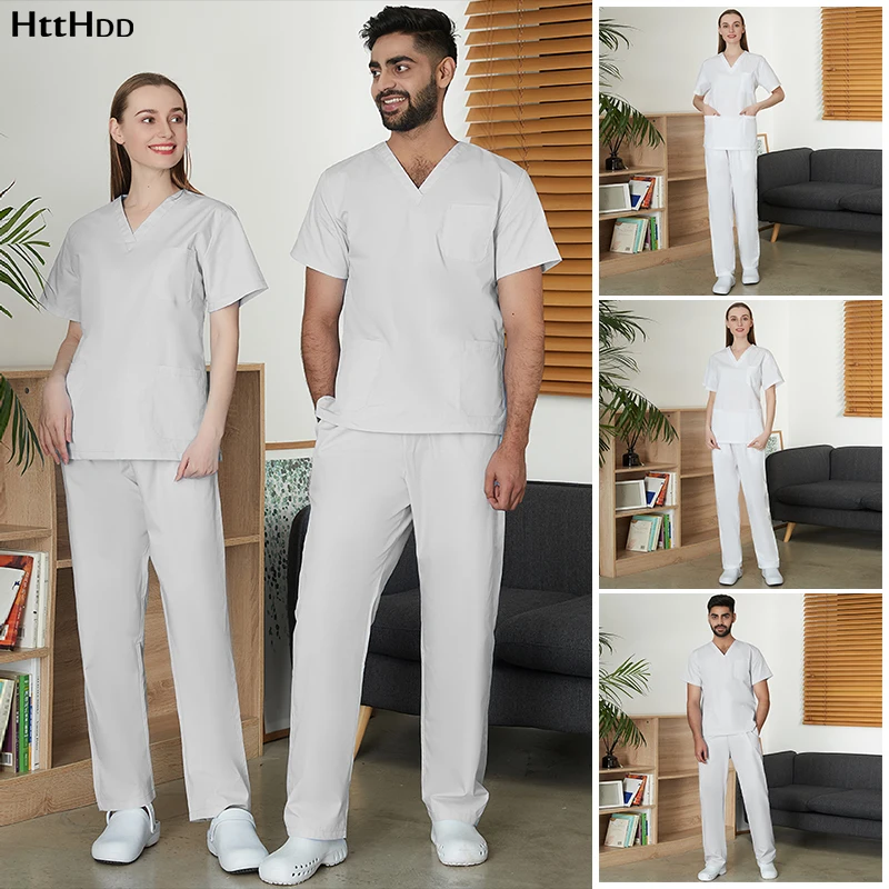 

Unisex Slim Simple Soft Non-fading Uniform Big Pocket Beauty Salon Workwear Lab Nursing Scrub Work Set Wholesale Customization