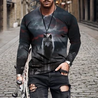 new mens autumn and winter loose casual fashion round neck fashion color matching animal print long sleeved t shirt