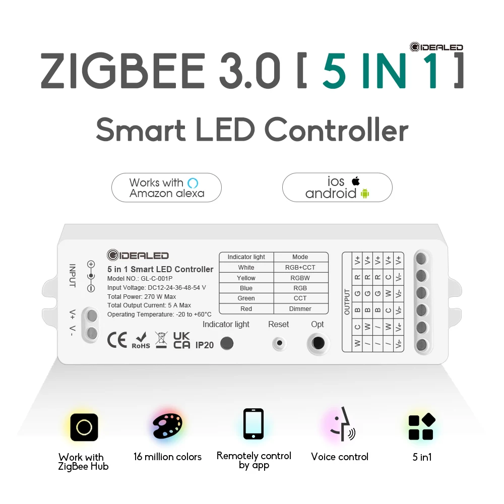 Smart Zigbee LED Light Strip 5 In 1 Dimmer Controller RGBCCT/RGBW/RGB/CCT DC12-54V 6-Zone Remote Work with Tuya & Echo Plus