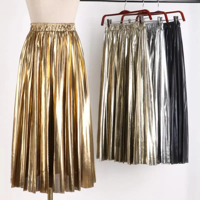 Женская плиссированная юбка с блестками золотистая черная эластичным поясом для