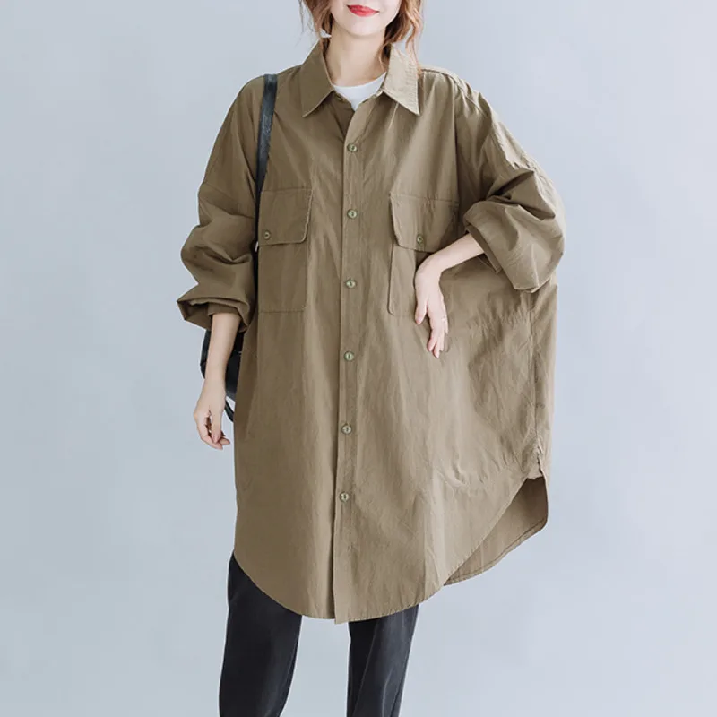 

IEQJ Solid Color Lightweight Double Pocket Shirt Plus Size Women's Mid-length Irregular Long Sleeve Lapel Blouse Summer 3F0498