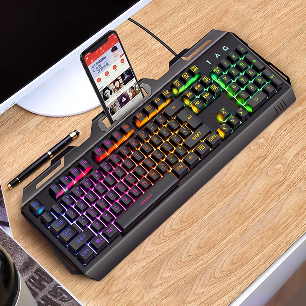 

V2 104 Key Keyboard Mechanical Feel Game Keyboards Waterproof Desktop Wired RGB Gaming Computer Peripheral with Phone Holder